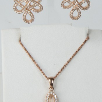 Sterling Silver/Rose Gold Plated/CZ Scroll Drop Earrings and Pendant Set